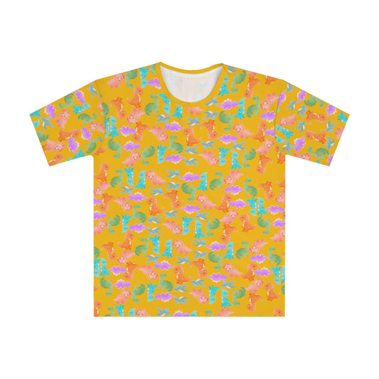 Whimsical Dino Mens Loose TShirt Beachwear Summer Shirt Gift Idea Casual Tee Rainbow Dinos Yellow