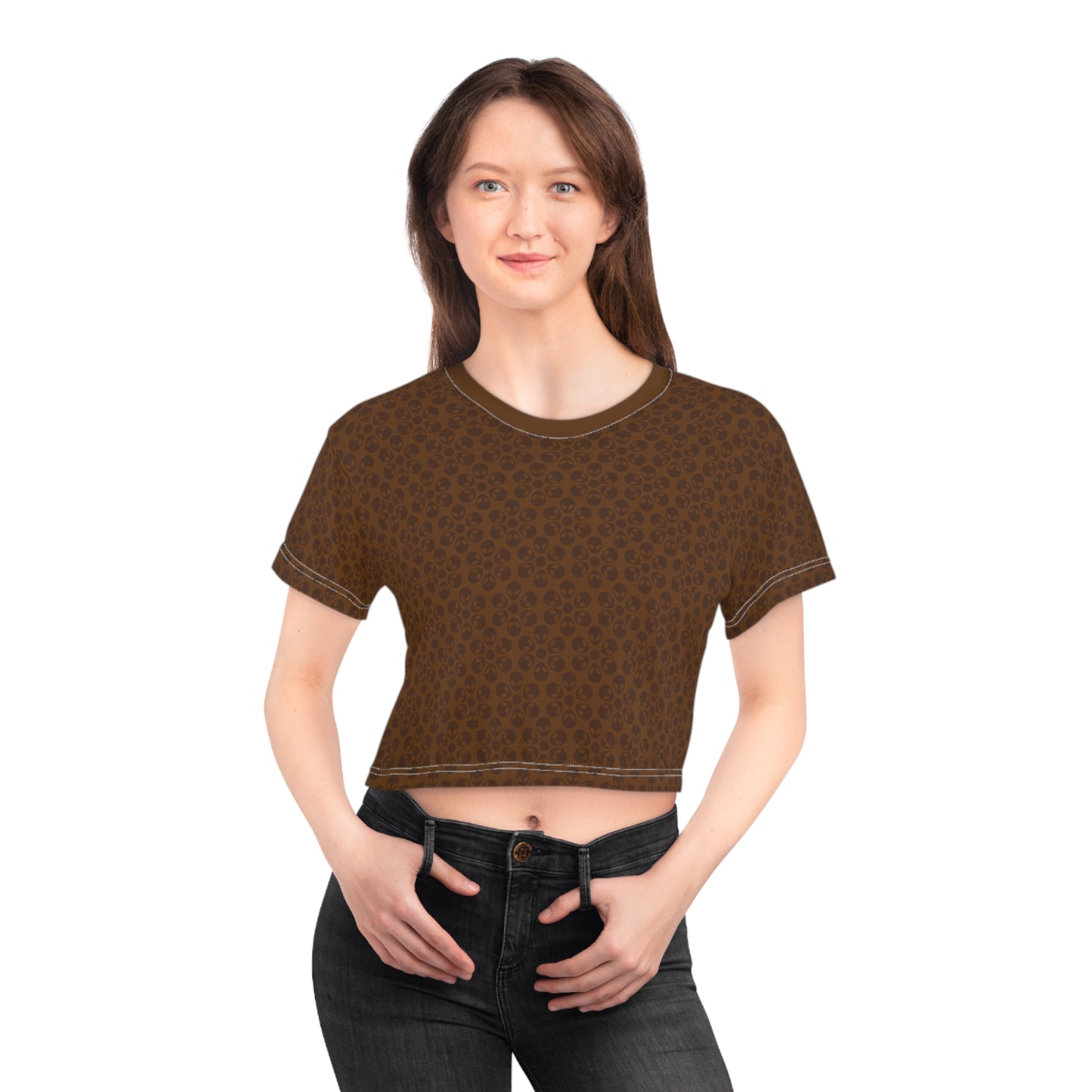 Feminine Floral Crop Tee Trendy Summer Top Aesthetic Graphic Shirt Casual Outfit Unique Gift for Her Vintage Style Tee Alien Flowers Brown