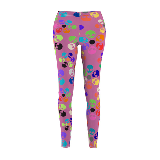 Colorful Alien Print Womens Leggings Casual Streetwear Graphic Leggings for Festivals Comfortable Activewear Unique Gift Idea Alien Rainbow Flowers Light Pink