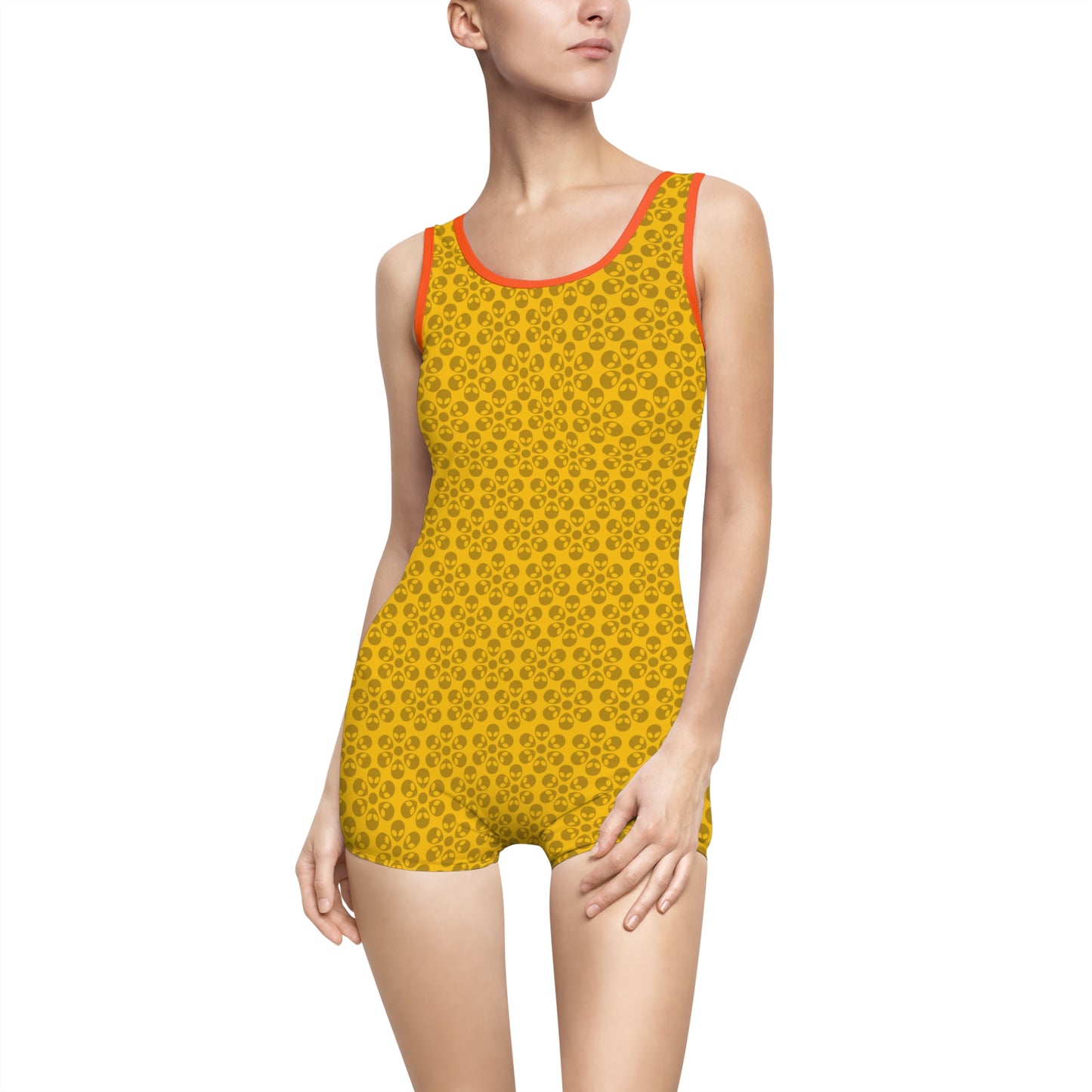 Womens Vintage Swimsuit  Alien Flowers Yellow