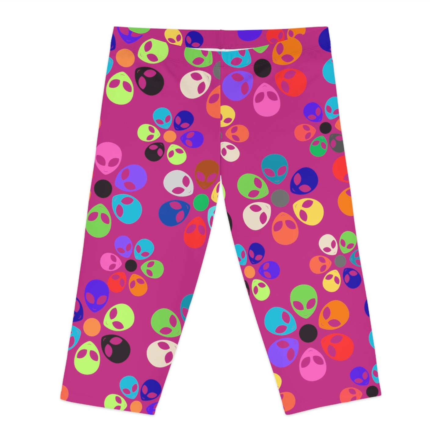 Colorful Alien Floral Capri Leggings Fun Fitness Pants Yoga Wear Unique Beachwear Festival Style Casual Summer Outfit Alien Rainbow Flowers Pink