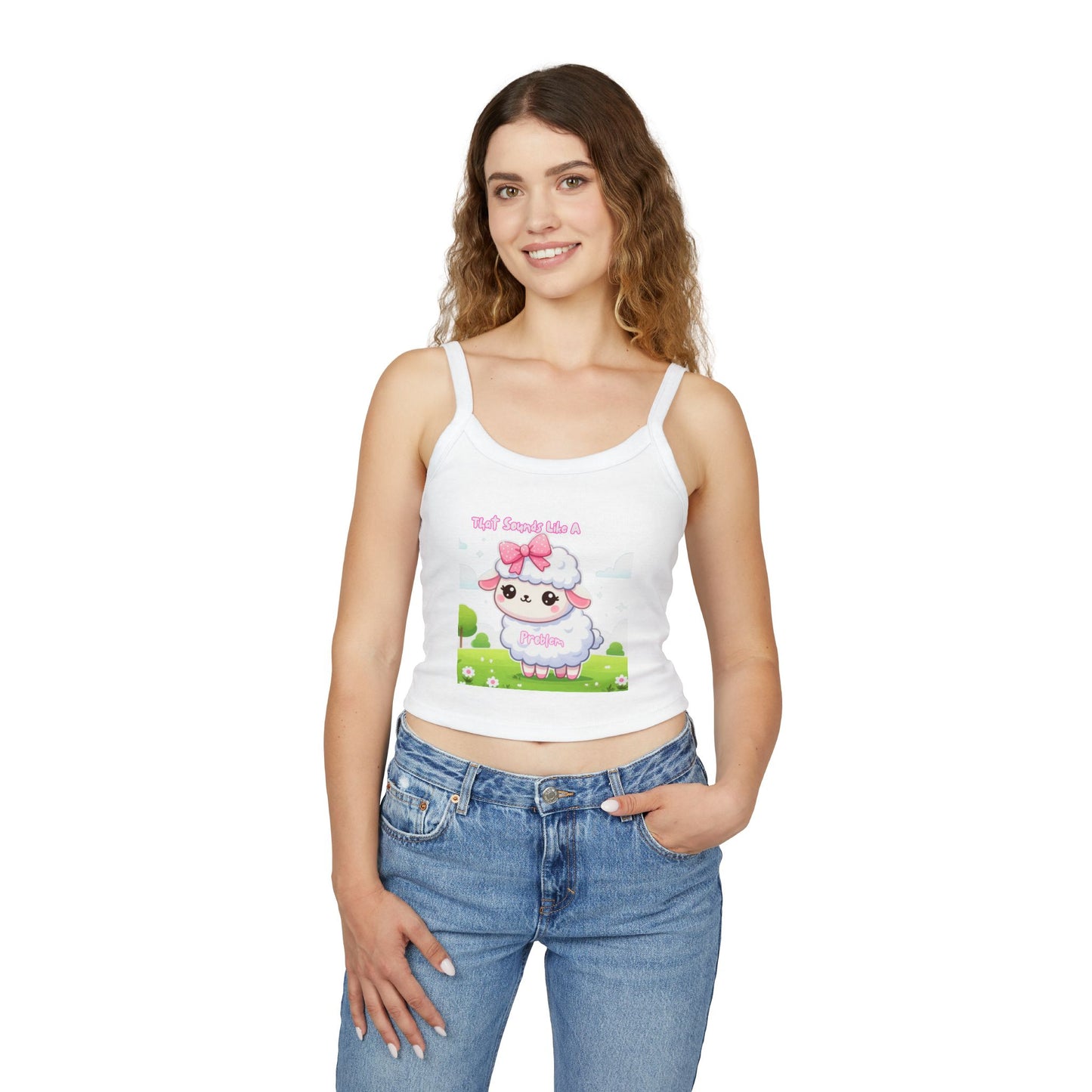 Cute Sheep Graphic Women&#039;s Spaghetti Strap Tank Top - Fun & Playful Design for Spring/Summer