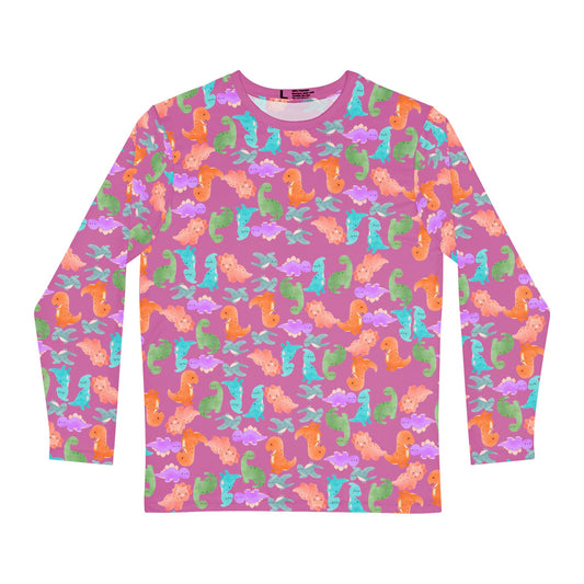 Cute Dino Print Mens Long Sleeve Shirt AOP Tee Tropical Beachwear Gift for Sea Lovers Summer Shirts for Men Rainbow Dinos Light Pink