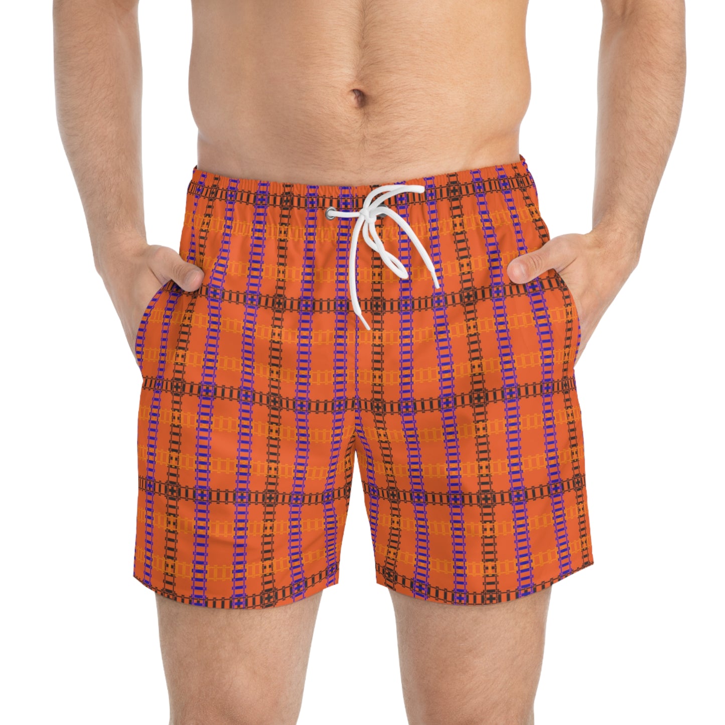 Vibrant Checkered Swim Trunks Beachwear for Summer Fun Vacation Essential Pool Party MustHave Mens Swim Shorts Train Tracks Orange