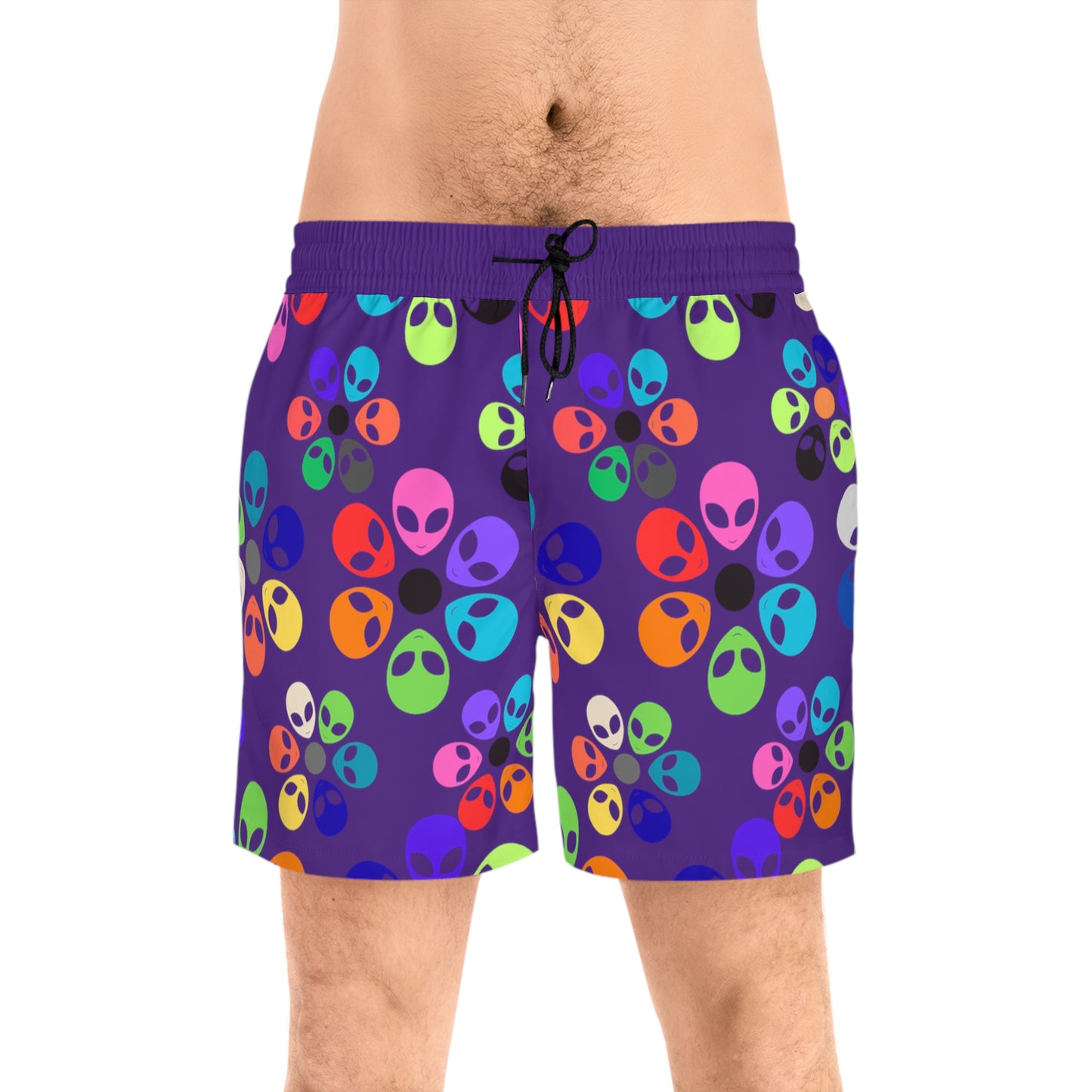 Colorful Alien Print Swim Shorts for Fun Summer Vibes Beachwear Pool Party Attire Vacation Essentials Mens Swimwear Alien Rainbow Flowers Purple