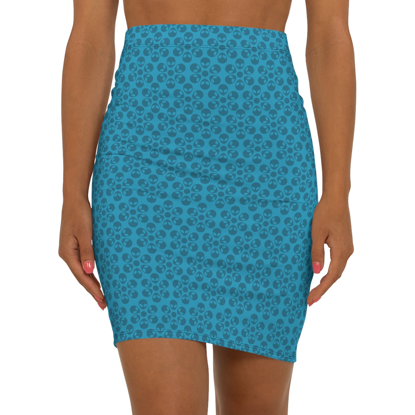 Womens MidWaist Pencil Skirt  Alien Flowers Turquoise