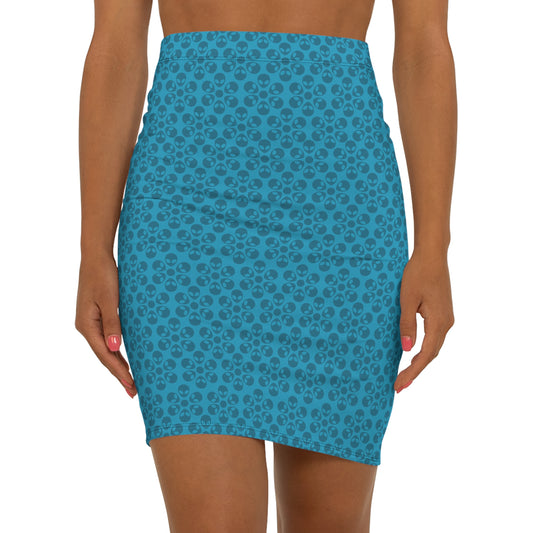 Womens MidWaist Pencil Skirt  Alien Flowers Turquoise