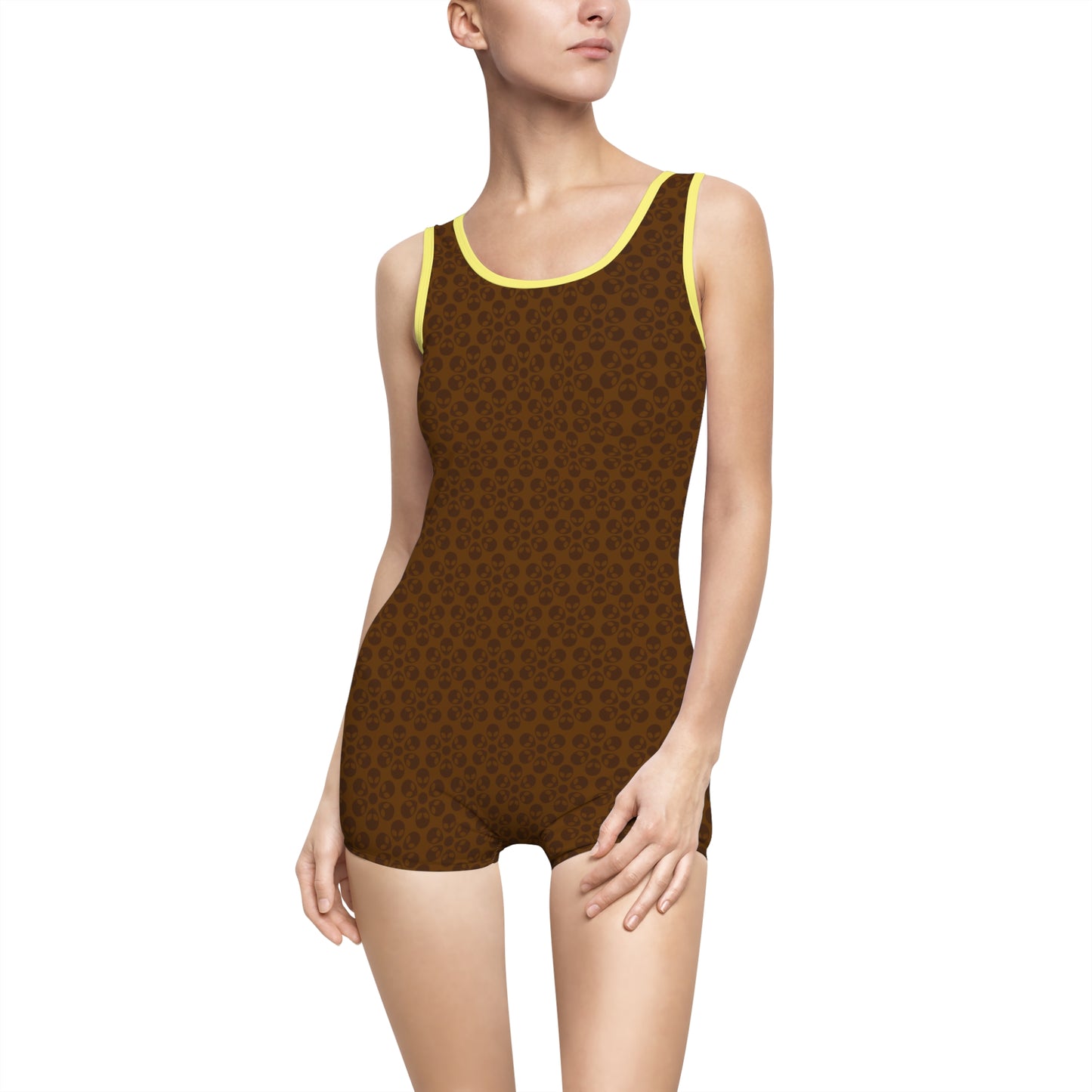 Womens Vintage Swimsuit  Alien Flowers Brown