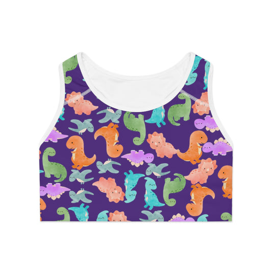 Colorful Dinosaur Print Sports Bra Cute Activewear Gym Top Fitness Wear Gifts for Her Workout Clothing Rainbow Dinos Purple