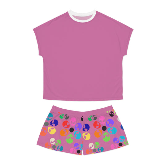 Colorful Alien Print Womens Pajama Set Fun Sleepwear for Teens Relaxing Nightwear Unique Gift for Space Lovers Cute Loungewear Alien Rainbow Flowers Light Pink