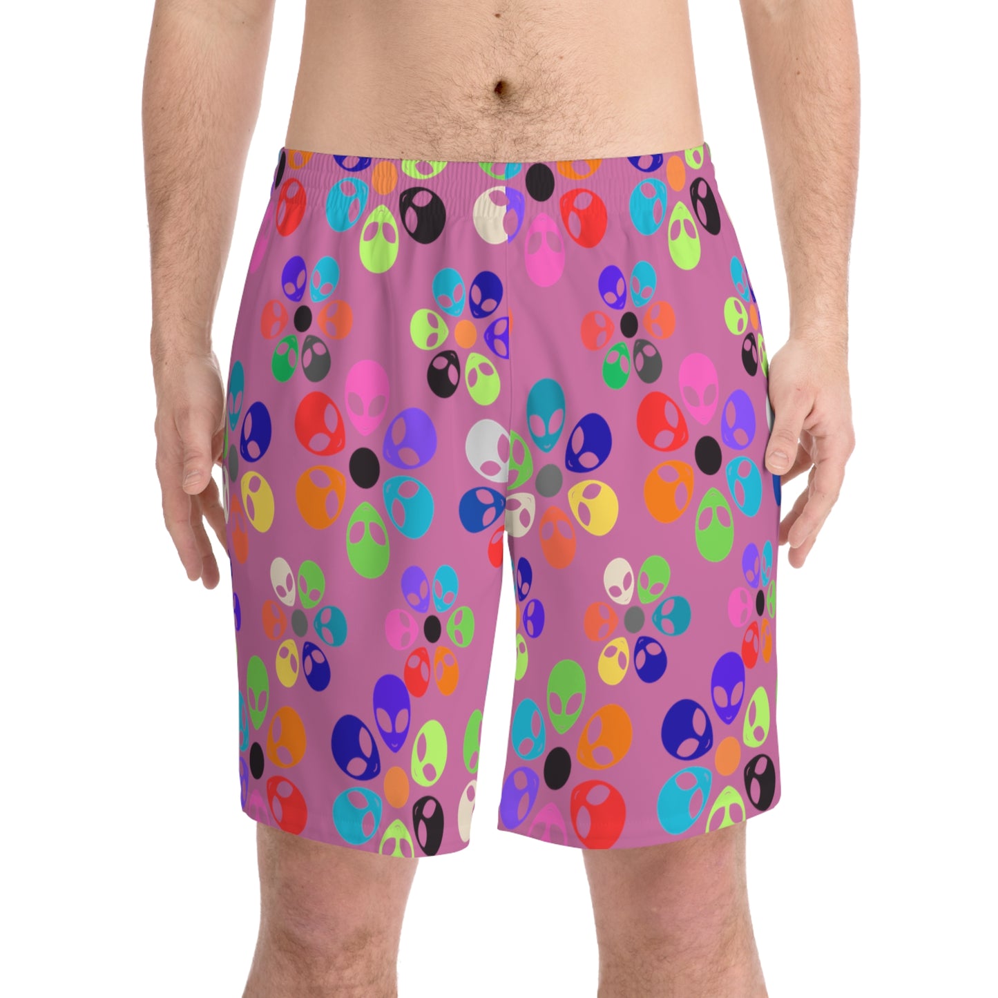 Colorful Alien Print Beach Shorts Mens Beachwear Casual Summer Shorts Vacation Swim Trunks Fun Festival Outfit Alien Rainbow Flowers Light Pink