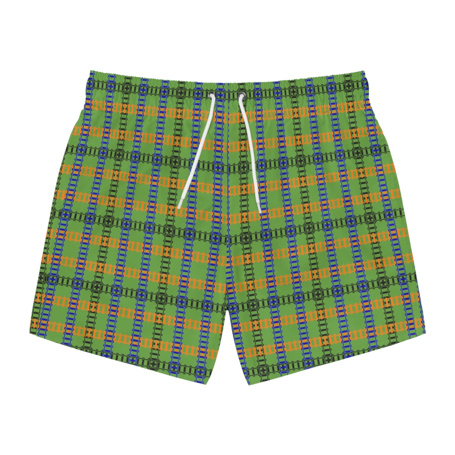 Vibrant Checkered Swim Trunks Beachwear for Summer Fun Vacation Essential Pool Party MustHave Mens Swim Shorts Train Tracks Green