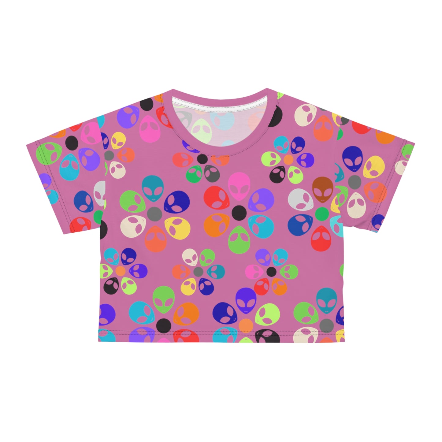 Colorful Alien Print Crop Tee Fun Crop Top Gift for UFO Lovers Casual Summer Tee Trendy Graphic Shirt Unique Festival Wear Alien Rainbow Flowers Light Pink