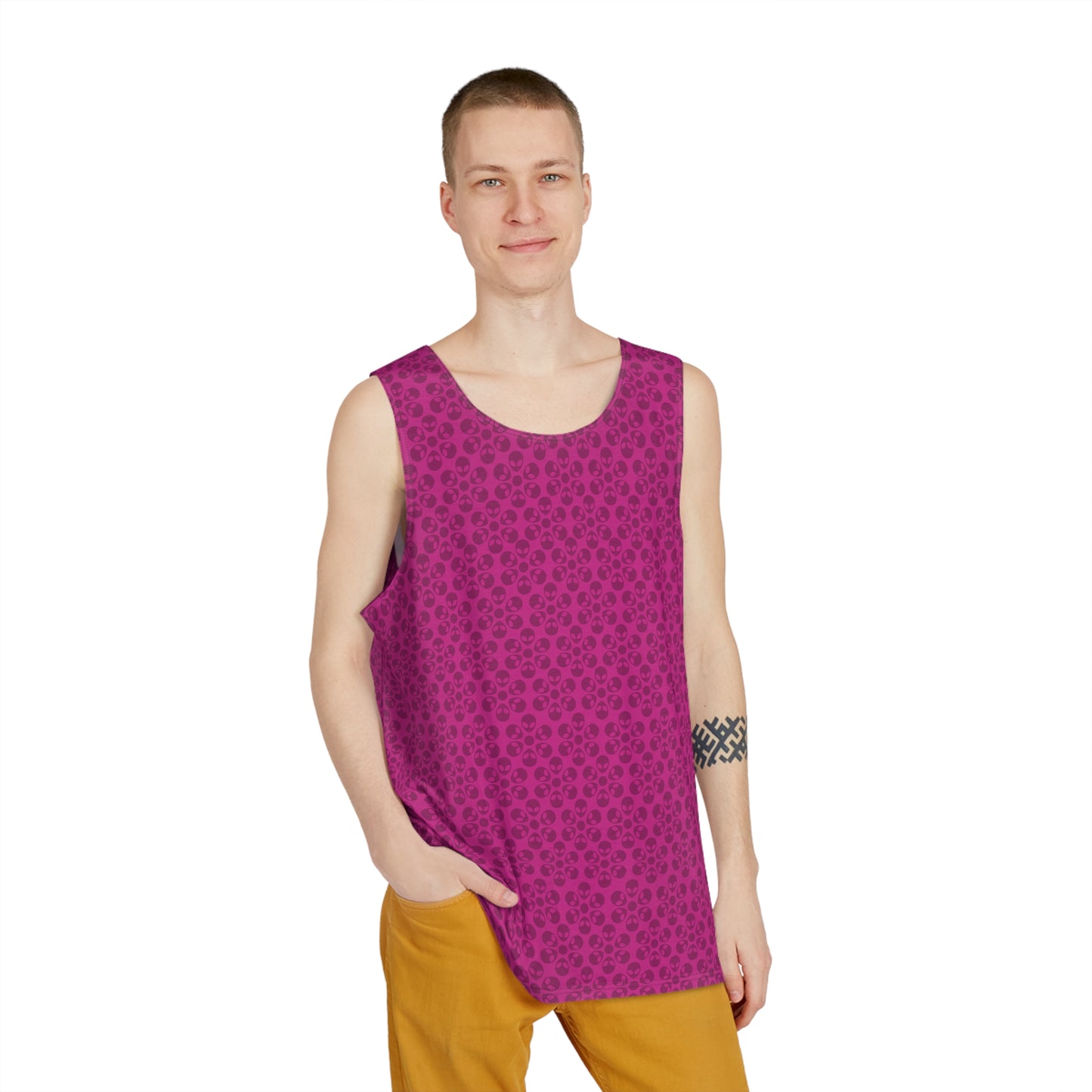 Stylish Mens Tank Top  AOP Leopard Print Summer Wear Fitness Gear Casual Apparel Trendy Vacation Outfit Alien Flowers Pink