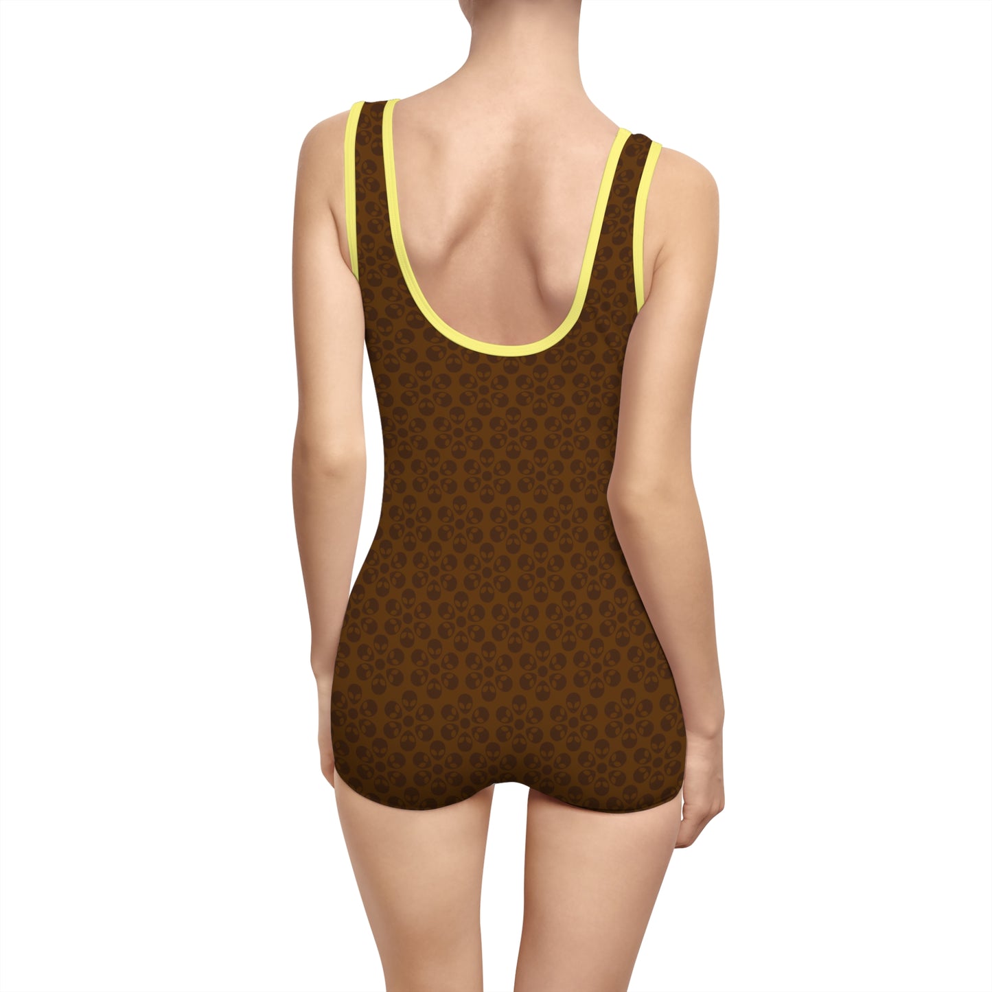 Womens Vintage Swimsuit  Alien Flowers Brown
