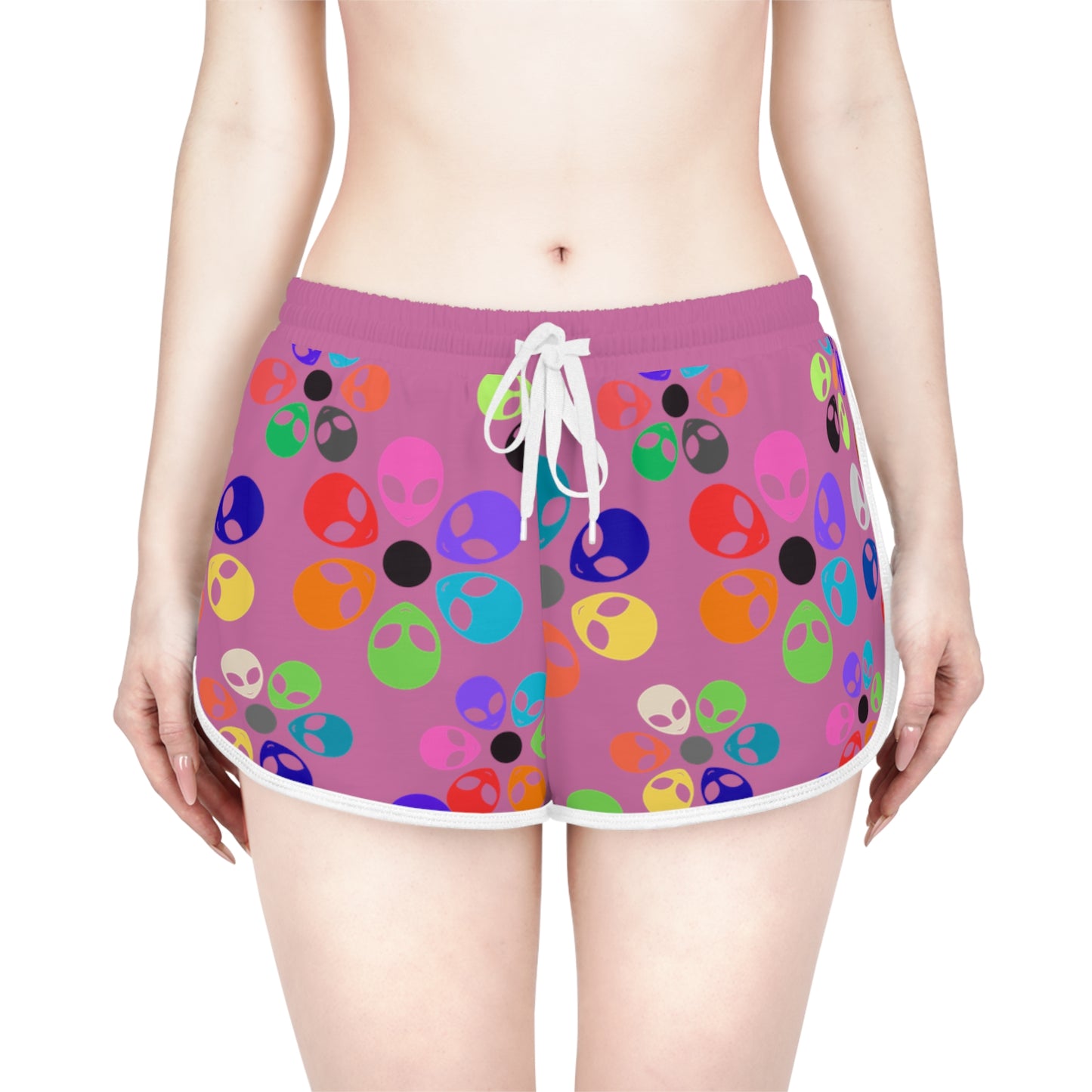 Colorful Alien Flower Print Womens Relaxed Shorts Summer Loungewear Beachwear Festival Outfit Casual Comfort Alien Rainbow Flowers Light Pink