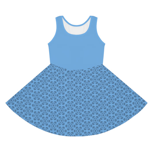 Girls Floral Sleeveless Sundress Cute Summer Dress Kids Fashion Birthday Outfit Playful Floral Pattern Spring Dress Alien Flowers Light Blue