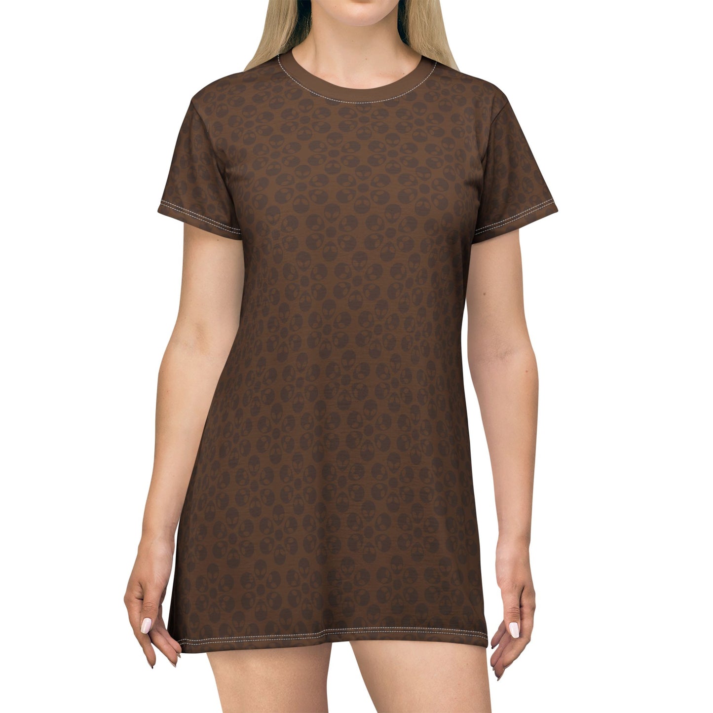 Floral Pattern TShirt Dress Casual Summer Dress Cute Dress for Women Floral Print Dress Trendy Everyday Wear Perfect for Beach Alien Flowers Brown