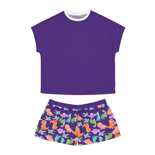 Womens Dinosaur Print Pajama Set Cozy Sleepwear Perfect for Relaxation Gift for Her Cute Loungewear Summer Nights Dinosaur Lovers Rainbow Dinos Purple