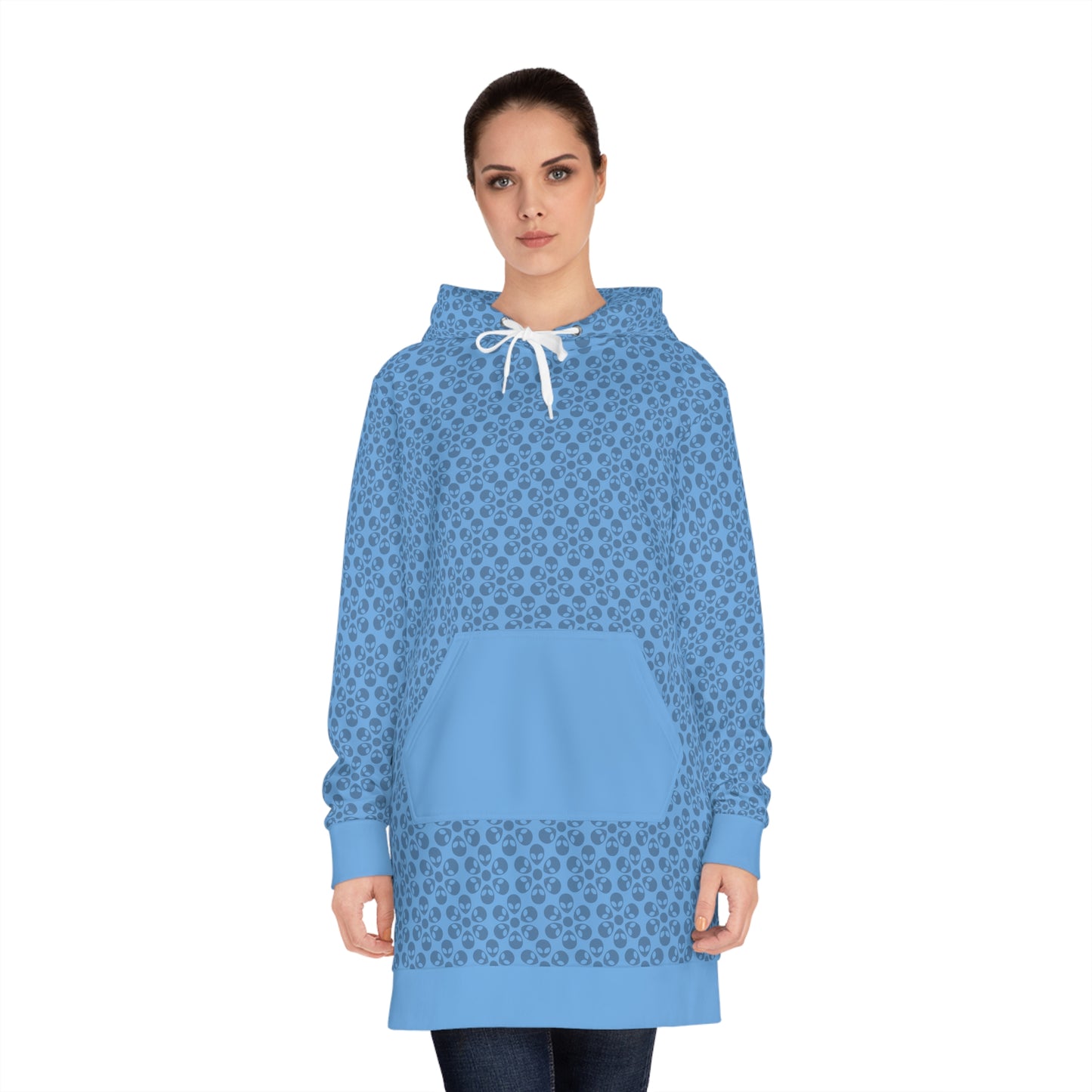 Womens Hoodie Dress  Alien Flowers Light Blue
