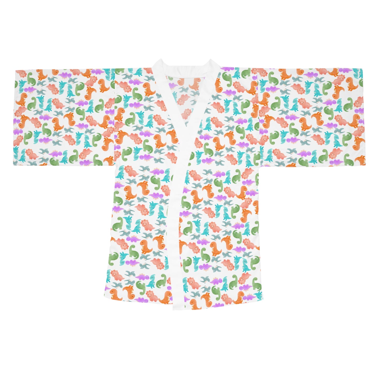 Vibrant Dino Print Long Sleeve Kimono Robe for Relaxation Loungewear Gift Summer Nights Cozy Style Rainbow Dinos Pink