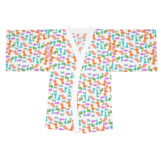 Vibrant Dino Print Long Sleeve Kimono Robe for Relaxation Loungewear Gift Summer Nights Cozy Style Rainbow Dinos Pink