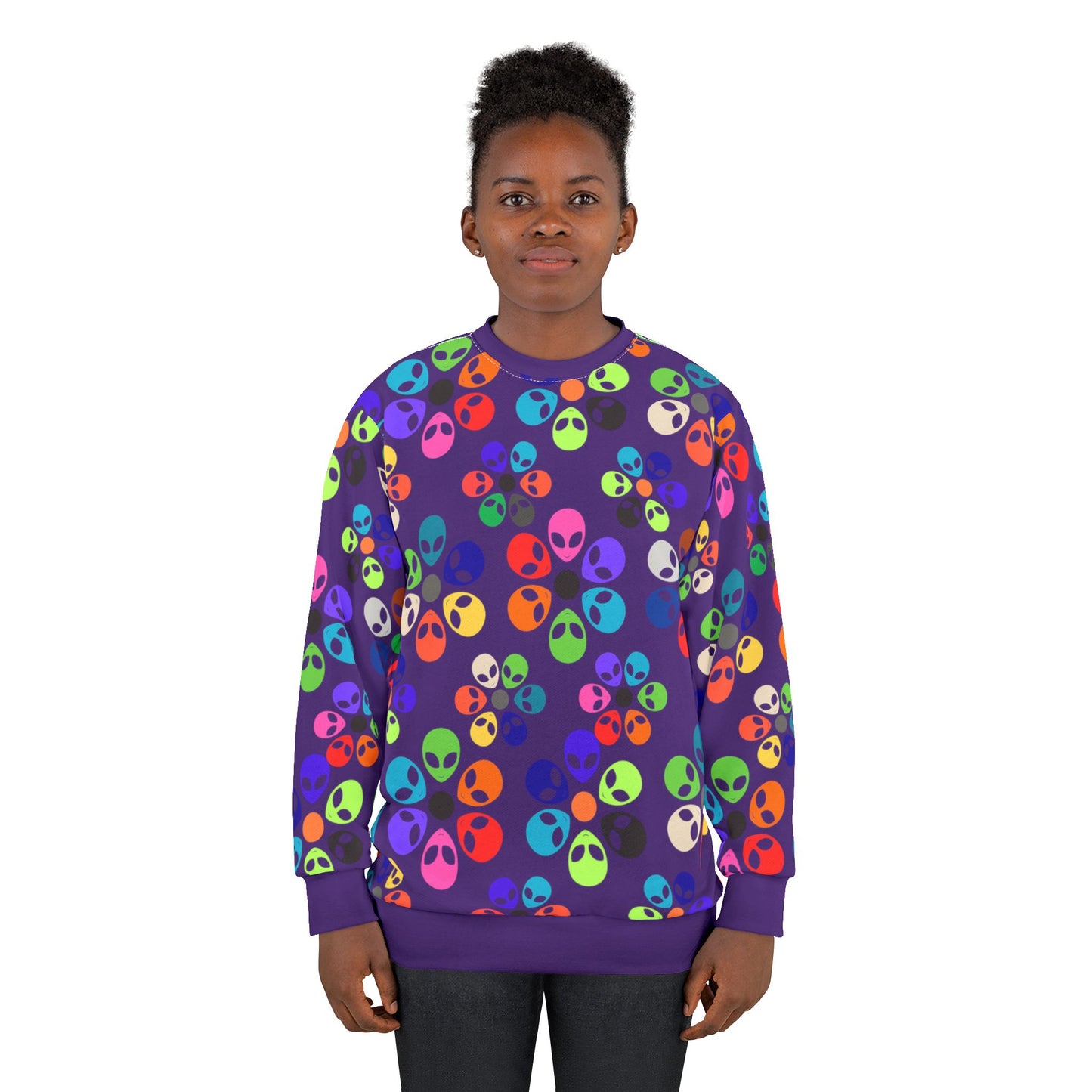 Colorful Alien Graphic Unisex Sweatshirt Fun and Quirky Sweater for Casual Wear Gift for SciFi Lovers Unisex Fashion Trendy Streetwear Alien Rainbow Flowers Purple