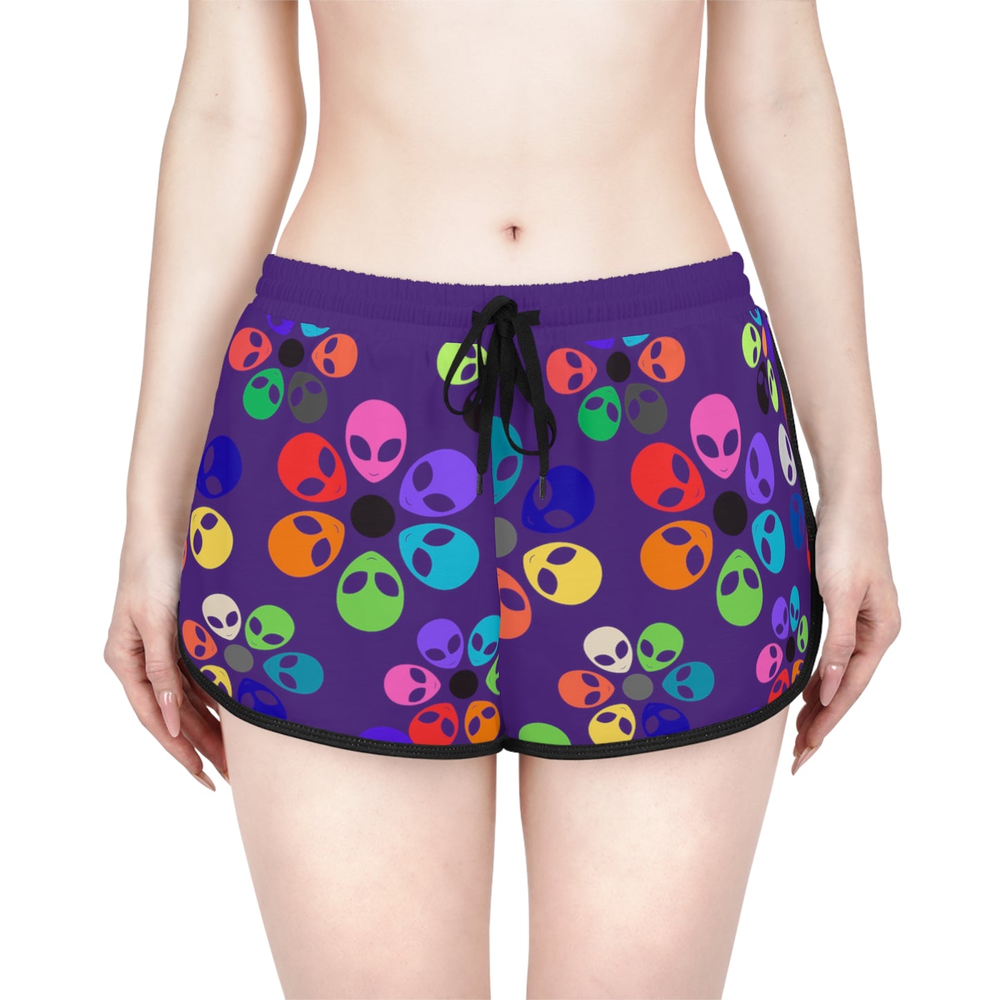 Colorful Alien Flower Print Womens Relaxed Shorts Summer Loungewear Beachwear Festival Outfit Casual Comfort Alien Rainbow Flowers Purple