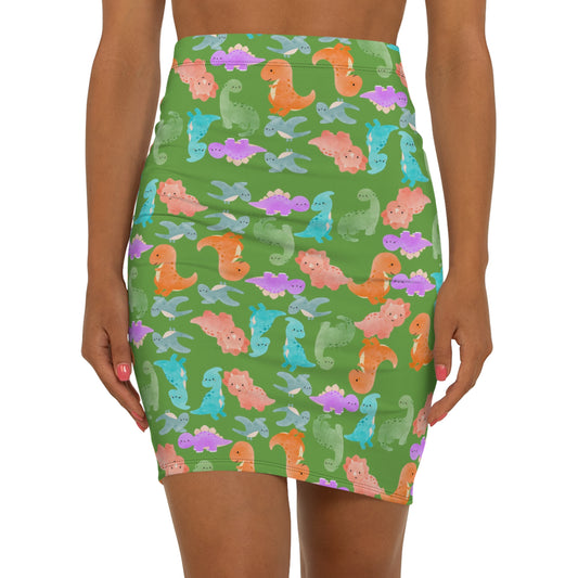 Dinosaur Print MidWaist Pencil Skirt for Fun and Playful Style Womens Skirt Cute Skirt Fashionable Skirt Casual Skirt Gift Idea Rainbow Dinos Green