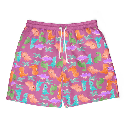 Vibrant Dino Unisex Swim Shorts Beachwear Summer Swimwear Vacation Essentials Pool Party Mens Swim Trunks Unique Design Rainbow Dinos Light Pink