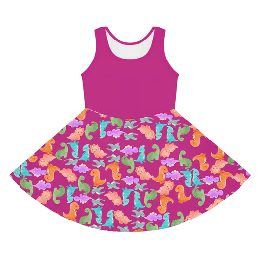 Colorful Dino Print Girls Sleeveless Sundress Summer Dress Beachwear Birthday Gift Toddler Outfit Playful Sundress Rainbow Dinos Pink