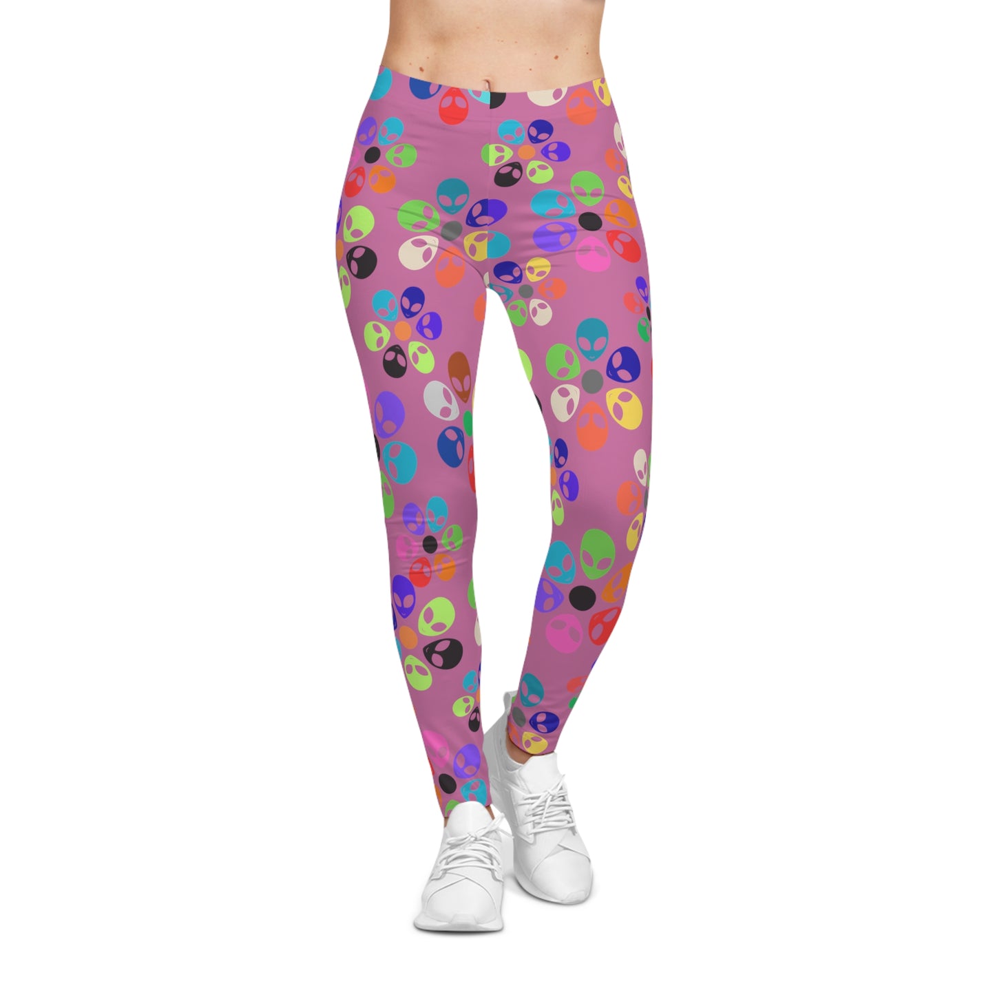 Fun Alien Print Womens Leggings Funky Workout Leggings Colorful Casual Pants Cute Yoga Bottoms Gift for Her Alien Rainbow Flowers Light Pink