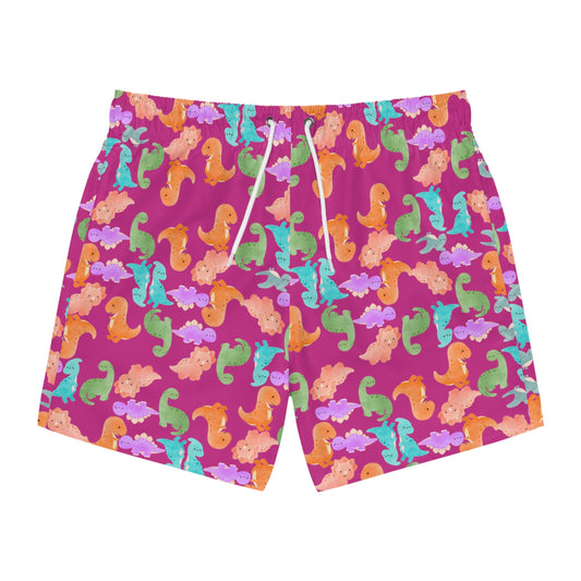 Colorful Dinosaur Swim Trunks for Summer Fun Beachwear Pool Party Vacation Essentials Kids & Adults Swimwear Rainbow Dinos Pink