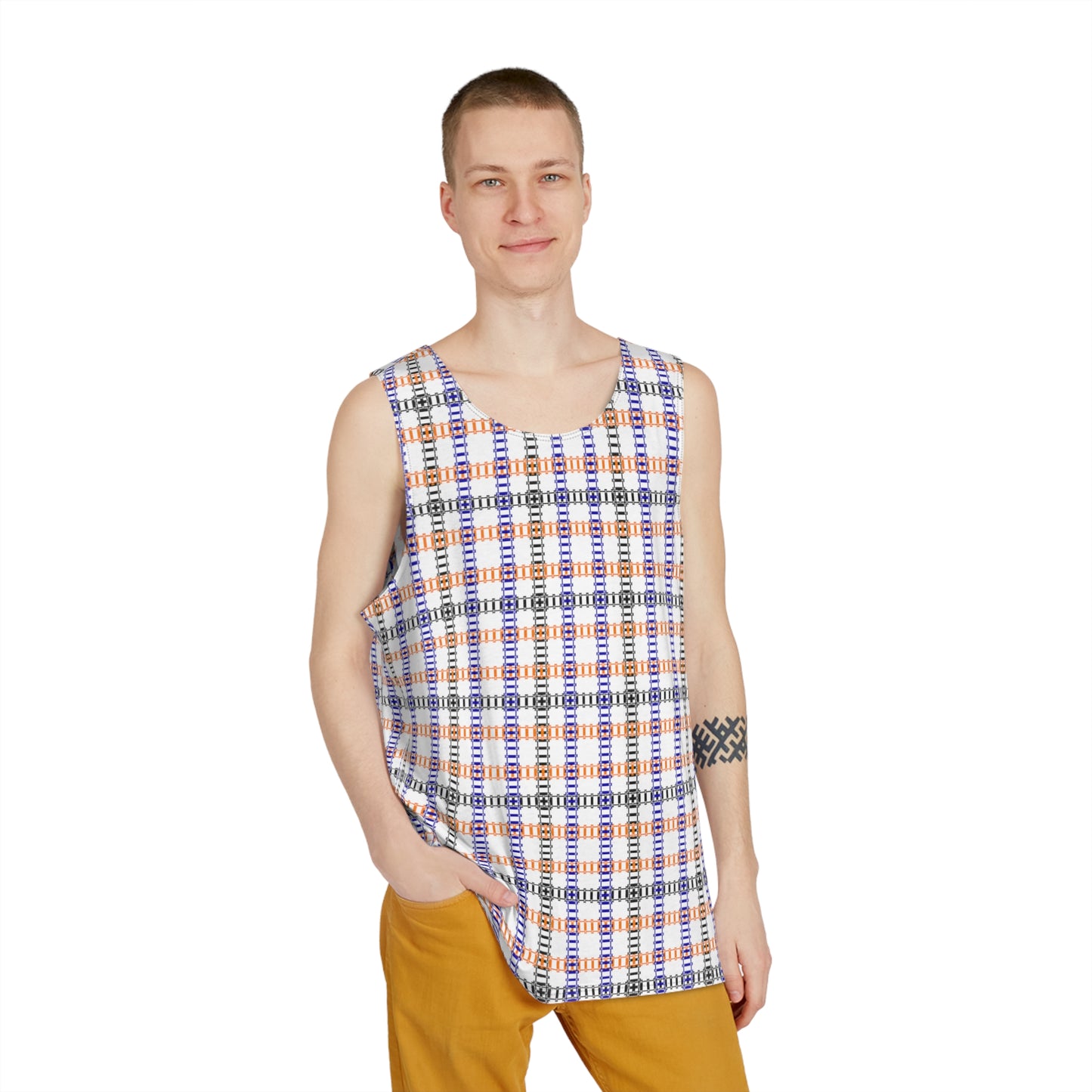 Plaid Mens Tank Top Casual Summer Wear Beach Attire Festival Outfit Comfortable Layering Piece Train Tracks Pink