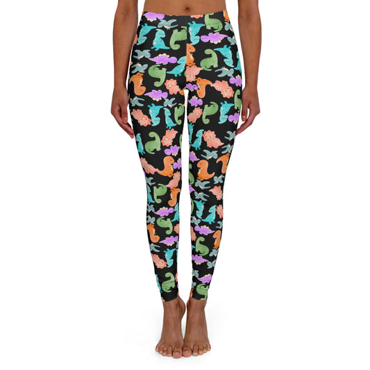 Colorful Dinosaur Print Leggings | Fun & Comfortable Activewear Fitness Pants Trendy Casual Wear Perfect for Gifts Everyday Style Rainbow Dinos Black