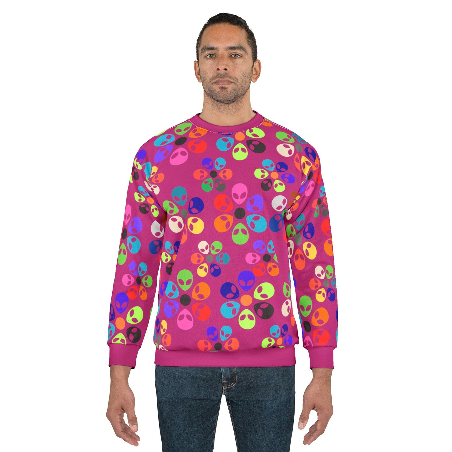 Colorful Alien Graphic Unisex Sweatshirt Fun and Quirky Sweater for Casual Wear Gift for SciFi Lovers Unisex Fashion Trendy Streetwear Alien Rainbow Flowers Pink