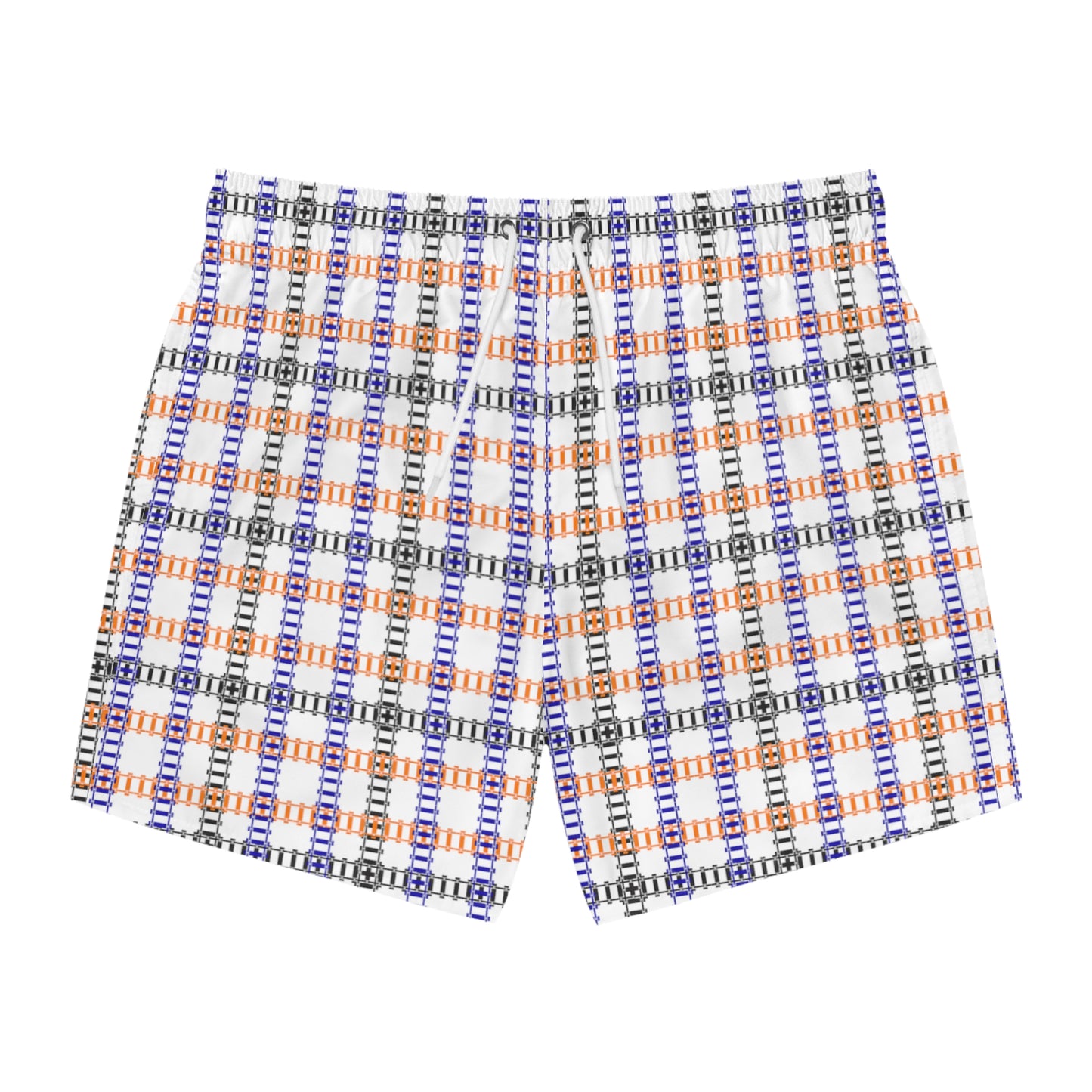 Vibrant Checkered Swim Trunks Beachwear for Summer Fun Vacation Essential Pool Party MustHave Mens Swim Shorts Train Tracks White