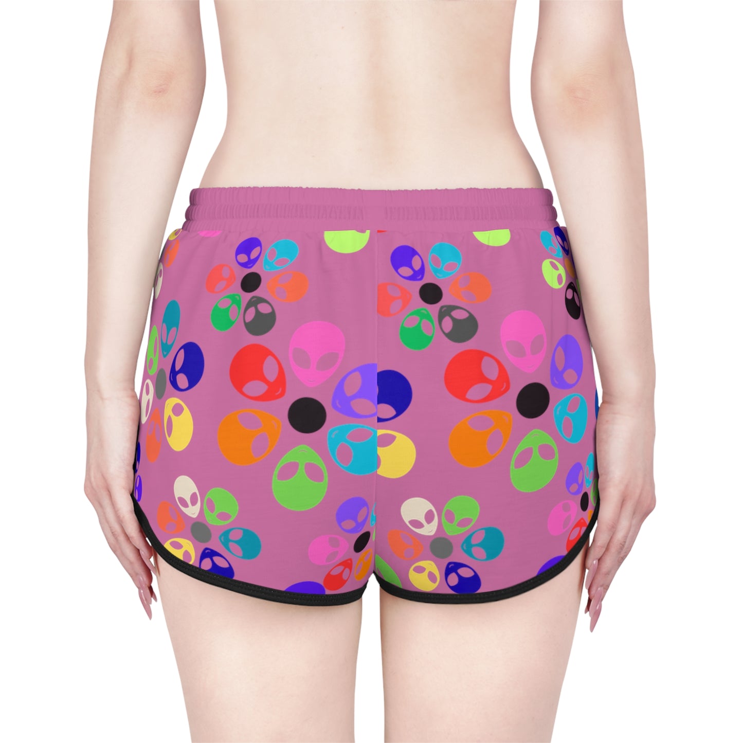 Colorful Alien Flower Print Womens Relaxed Shorts Summer Loungewear Beachwear Festival Outfit Casual Comfort Alien Rainbow Flowers Light Pink