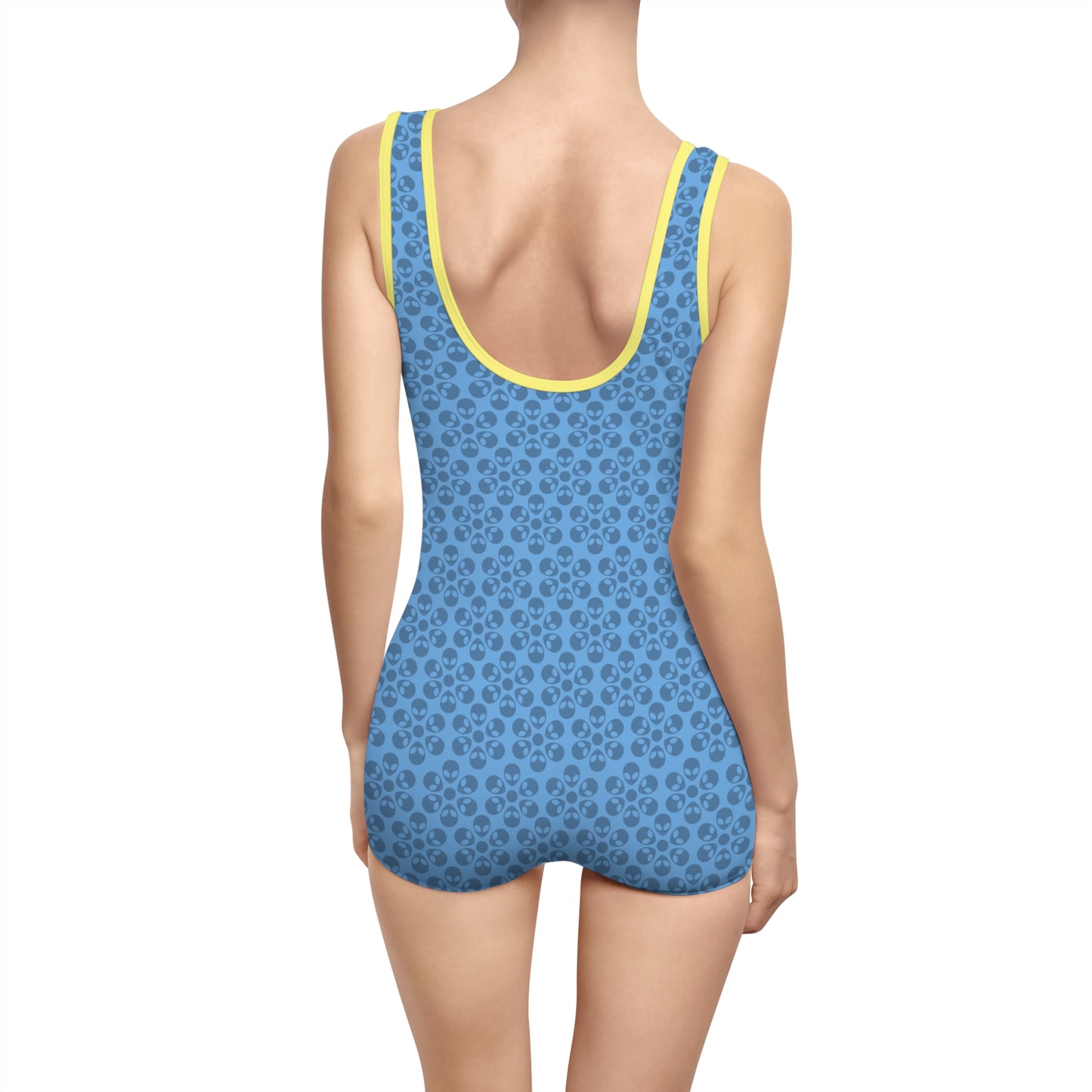 Womens Vintage Swimsuit  Alien Flowers Light Blue