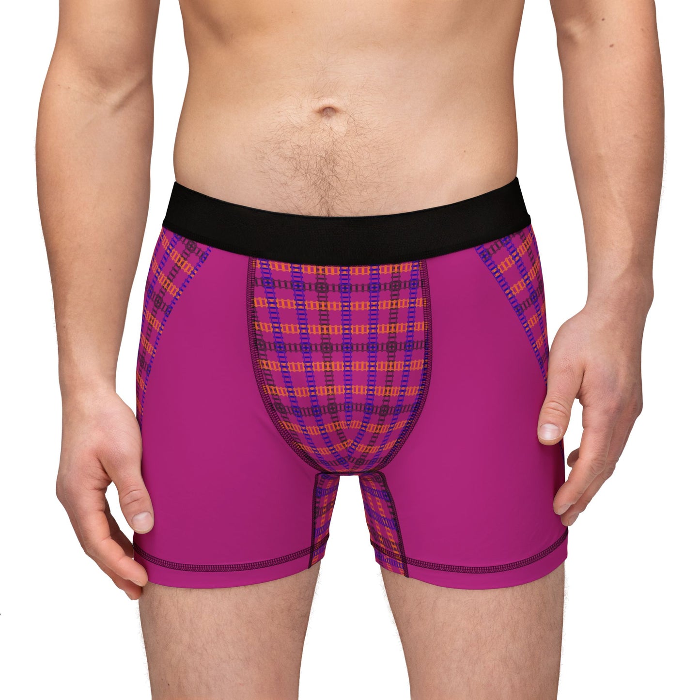 Mens Boxers with Colorful Check Pattern Comfortable Underwear Gift Casual Loungewear Stylish Sleep Shorts Everyday Essentials Train Tracks Pink