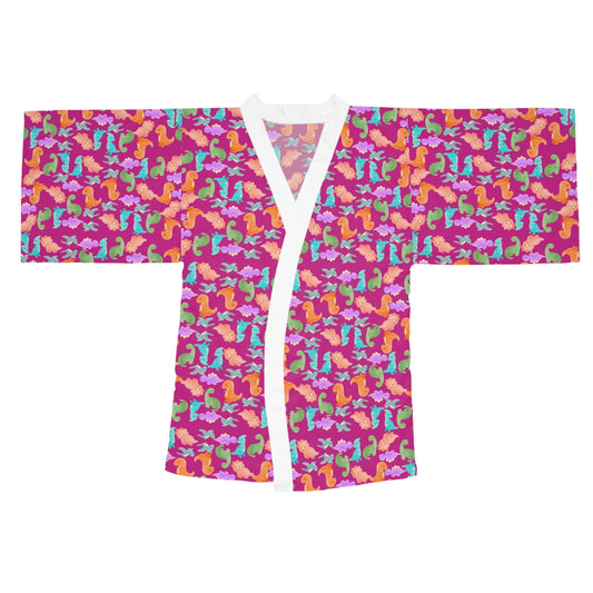 Vibrant Dino Print Long Sleeve Kimono Robe for Relaxation Loungewear Gift Summer Nights Cozy Style Rainbow Dinos Pink
