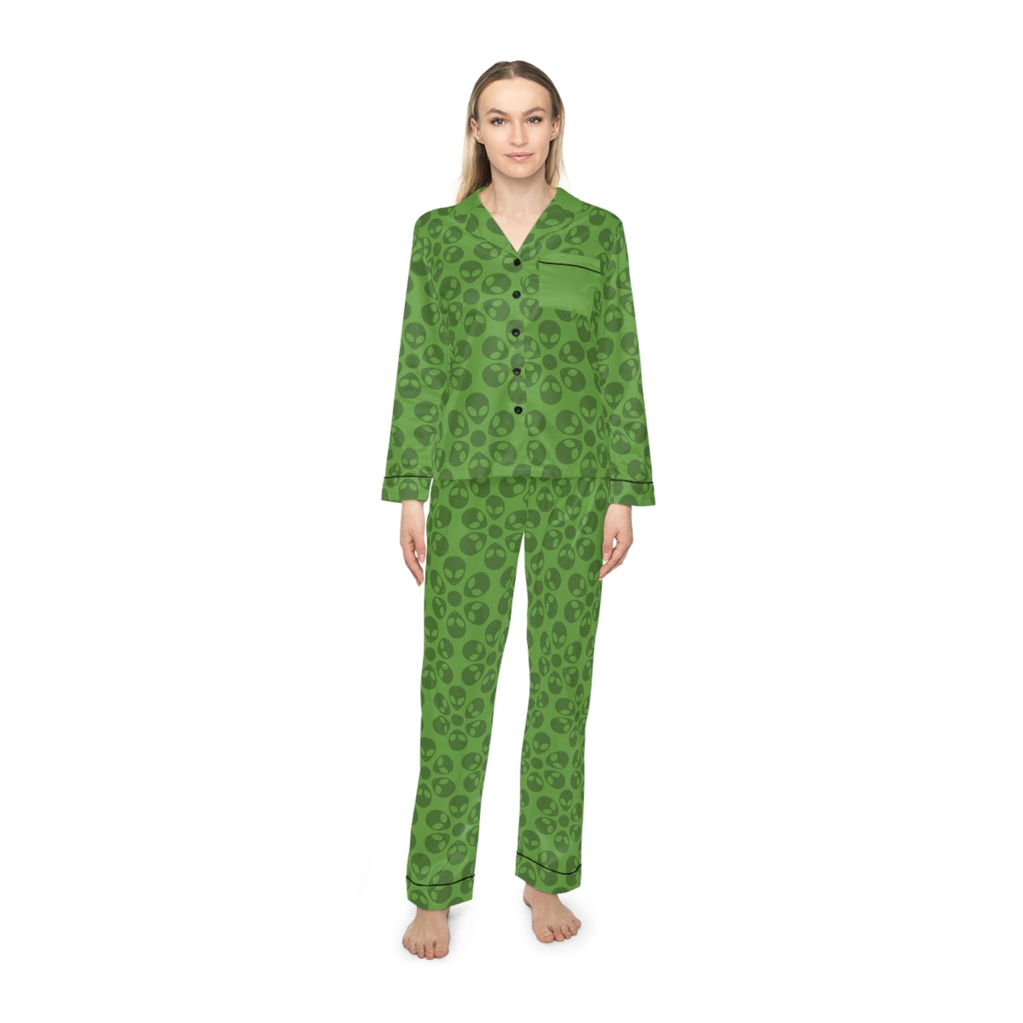 Womens Satin Pajamas  Alien Flowers Green