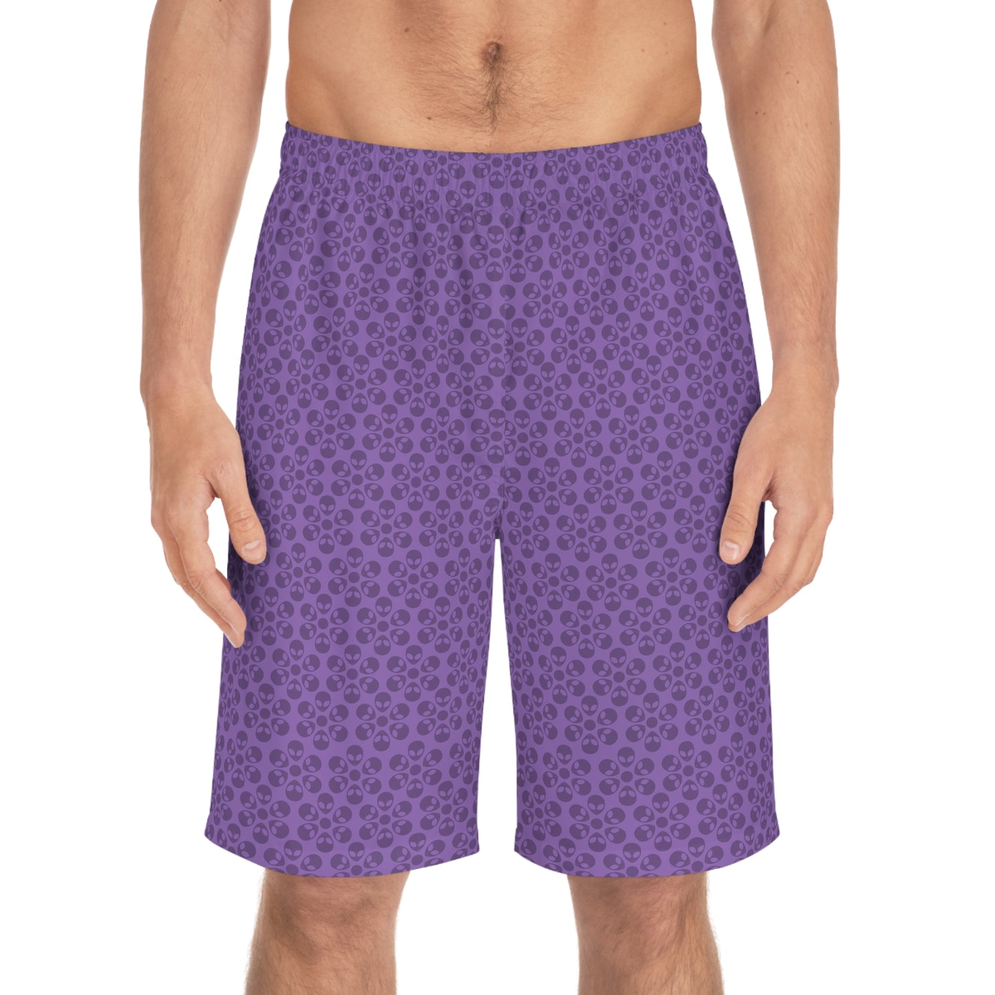 Mens Floral Print Board Shorts Summer Swimwear Beach Attire Vacation Ready Casual Everyday Shorts Alien Flowers Light Purple