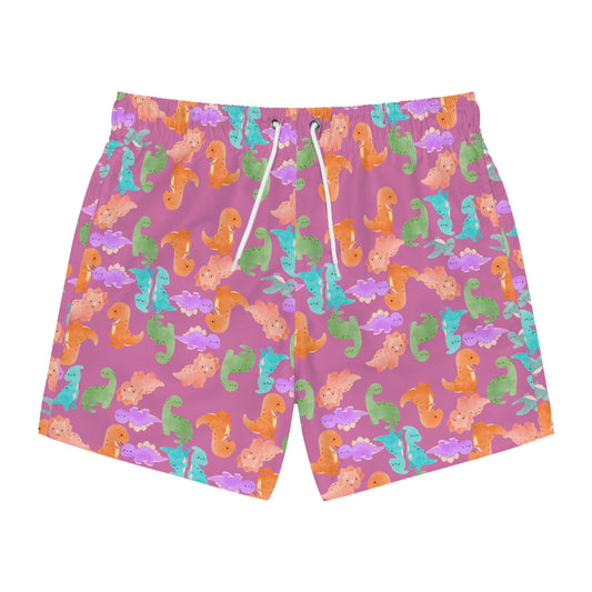 Colorful Dinosaur Swim Trunks for Summer Fun Beachwear Pool Party Vacation Essentials Kids & Adults Swimwear Rainbow Dinos Light Pink