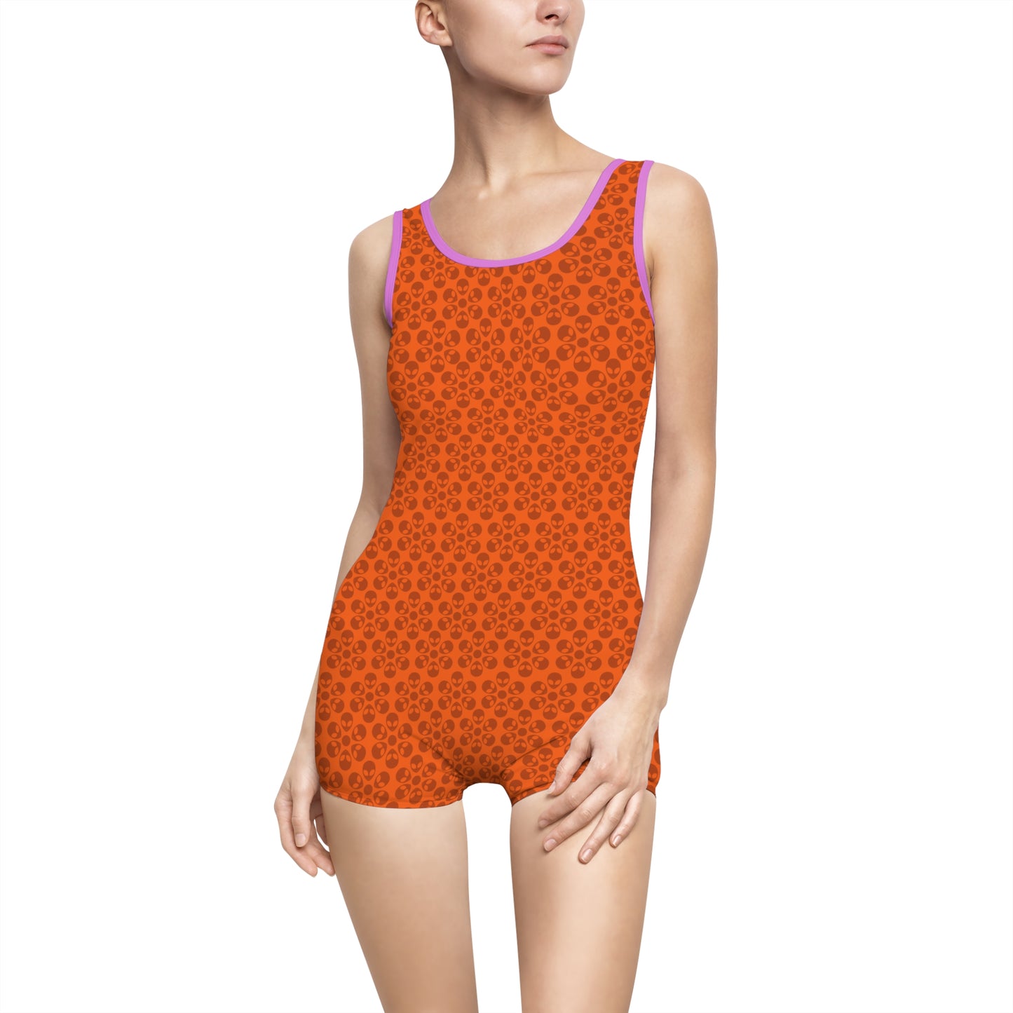 Womens Vintage Swimsuit  Alien Flowers Orange