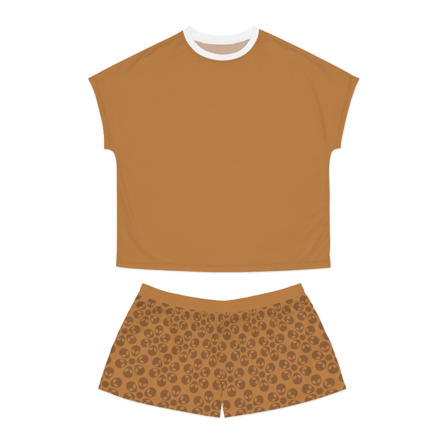 Stylish Womens Pajama Set Cozy Sleepwear AOP Floral Print Perfect for Lounging Gift for Her Summer Nights Relaxation Alien Flowers Light Brown