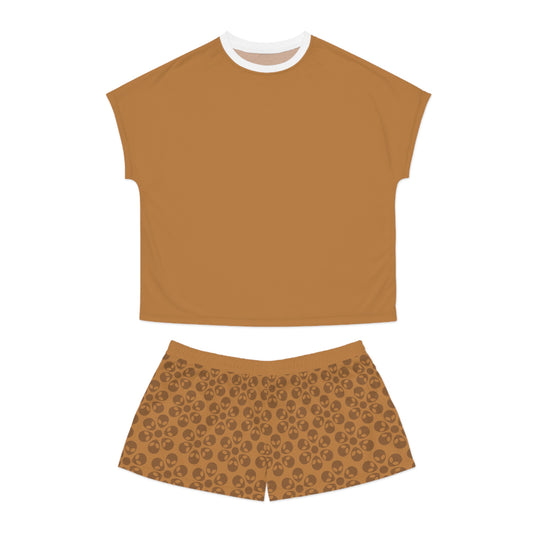 Stylish Womens Pajama Set Cozy Sleepwear AOP Floral Print Perfect for Lounging Gift for Her Summer Nights Relaxation Alien Flowers Light Brown