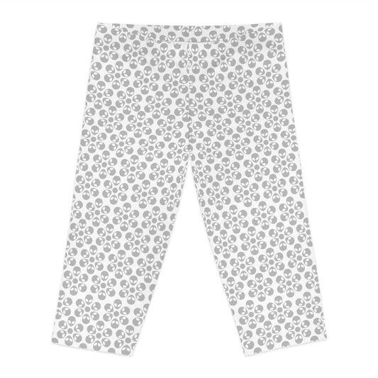 Womens Capri Leggings Alien Flowers White
