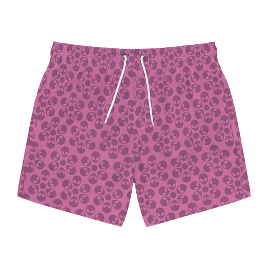 Stylish AOP Swim Trunks for Beach Days Summer Fun Pool Parties Vacation Wear Gift for Him Alien Flowers Light Pink