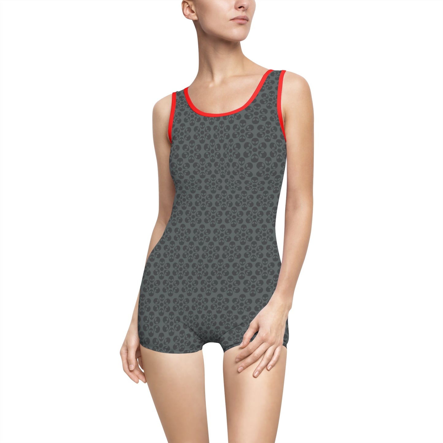 Womens Vintage Swimsuit  Alien Flowers Dark Grey